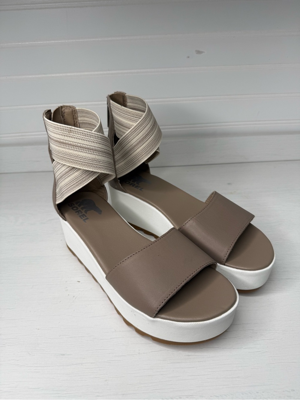 Sorel Cameron Sandal Womens Size 7 Beige Leather Flatform Ankle Strap NL3997-246